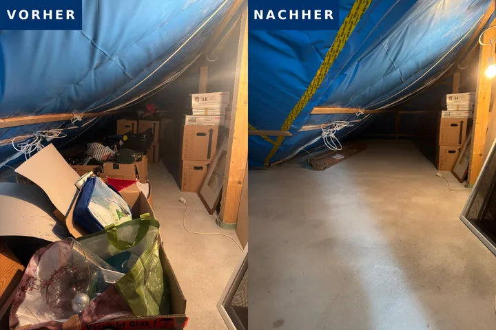 Dachboden vor und nach der Räumung: Die abgestellten Gegenstände sind entfernt, die Bodenfläche ist wieder frei