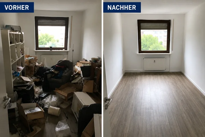Wohnraum vor der Räumung mit Möbeln und Gegenständen, daneben der leere Raum